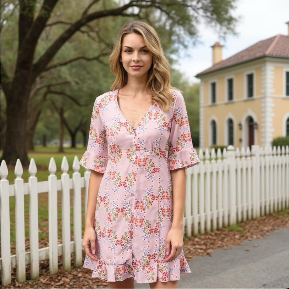 Button Down Floral V-Neck Mini  Dress